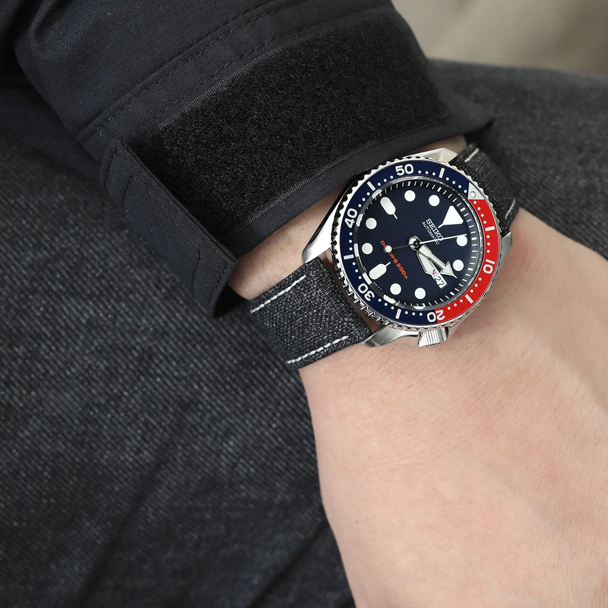 20mm or 22mm Black Canvas Watch Band Brushed Roller Deployant Buckle, Beige Stitching - Image 5