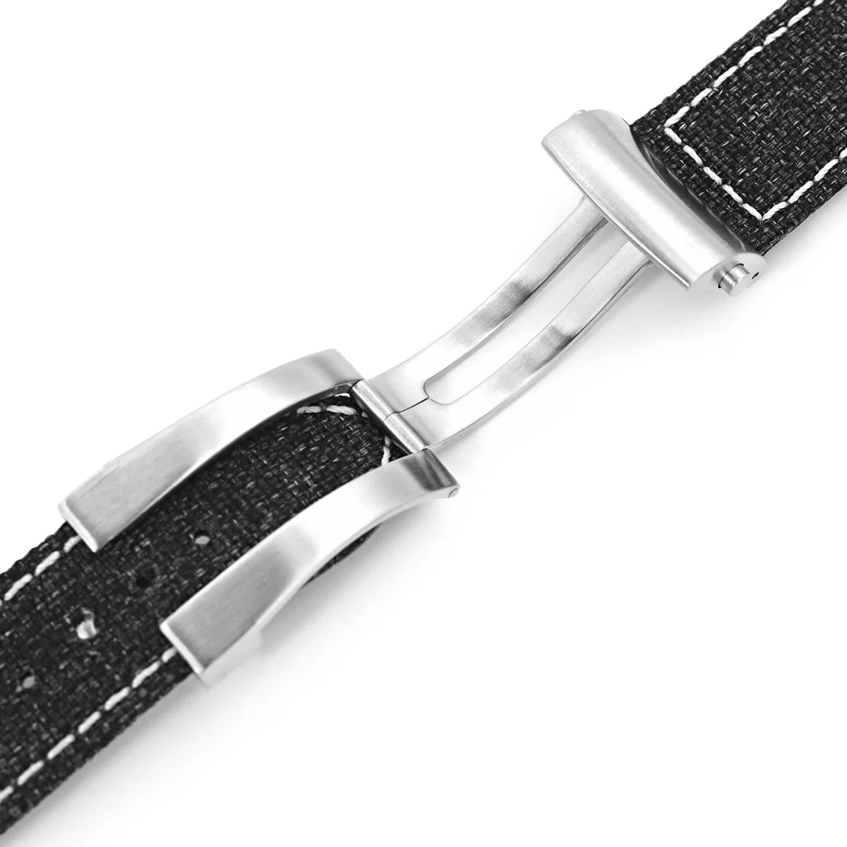 20mm or 22mm Black Canvas Watch Band Brushed Roller Deployant Buckle, Beige Stitching - Image 7