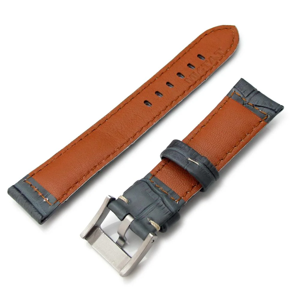 20mm, 23mm, 24mm CrocoCalf (Croco Grain) Light Grey Watch Strap with Beige St. - Image 3