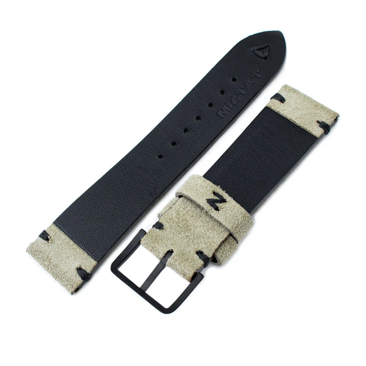 20mm, 21mm, 22mm MiLTAT Grey Green Genuine Nubuck Leather Watch Strap, Black Stitching, PVD Buckle - Image 3