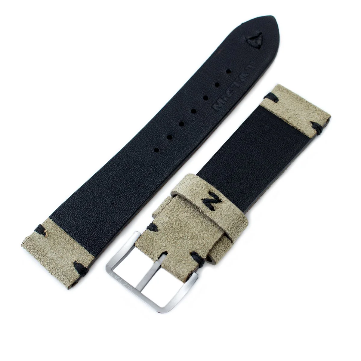 20mm, 21mm, 22mm MiLTAT Grey Green Genuine Nubuck Leather Watch Strap, Black Stitching, Sandblasted Buckle - Image 4