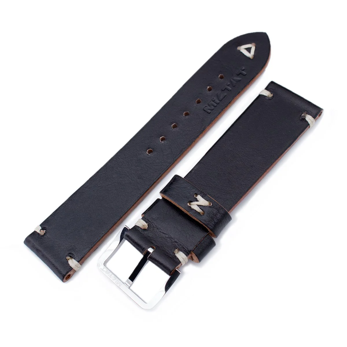 20mm, 21mm, 22mm MiLTAT Black Genuine Calf Leather Watch Strap, Beige Stitching, Polished Buckle - Image 4