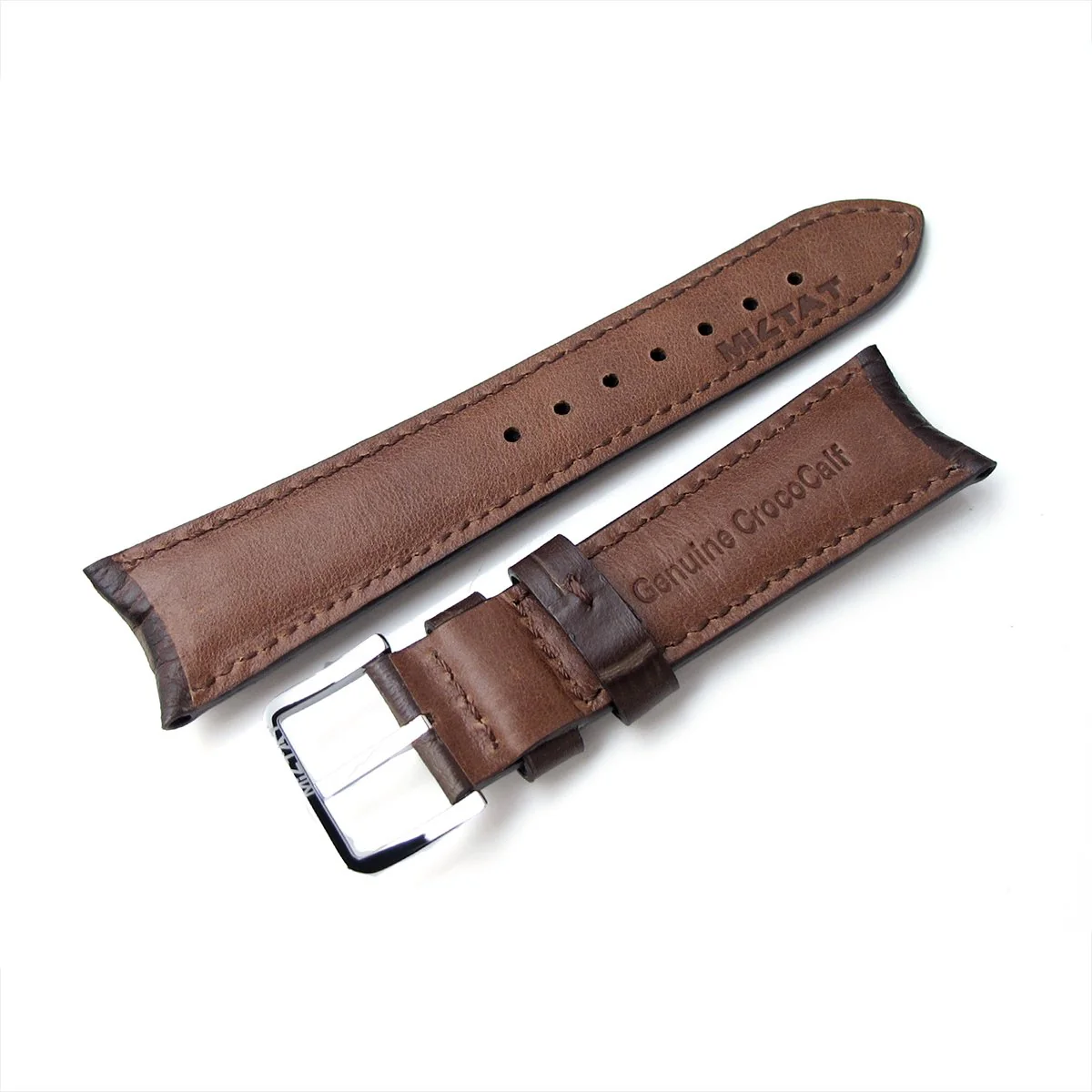 20mm, 22mm CrocoCalf (Croco Grain) Matte Brown Semi-Curved Watch strap, Brown Stitching, P - Image 7