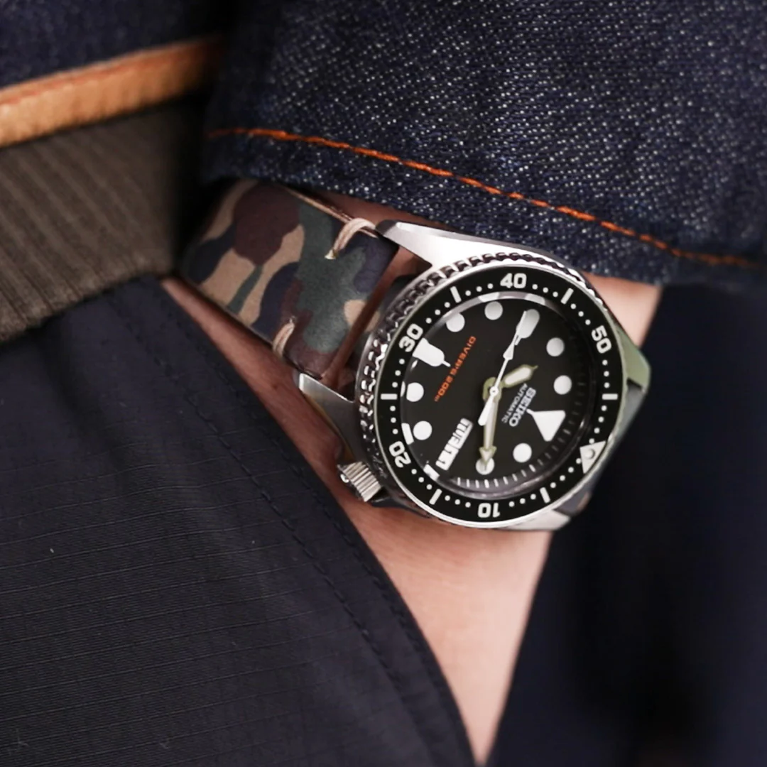 20mm MiLTAT Italian Handmade Camo Pattern Watch Strap, 18mm end, Khaki Stitching - Image 3