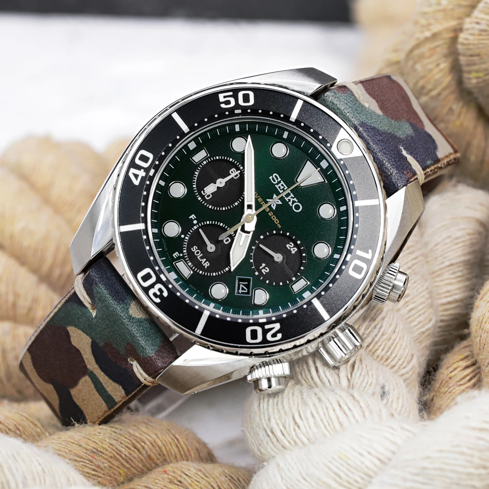 20mm MiLTAT Italian Handmade Camo Pattern Watch Strap, 18mm end, Khaki Stitching - Image 5