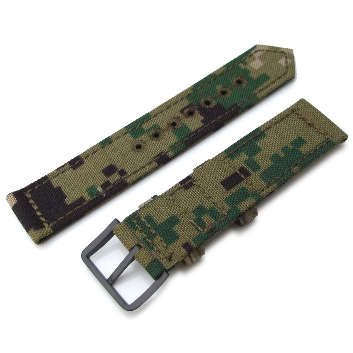 20mm, 21mm or 22mm MiLTAT WW2 2-piece Woodland Camo Cordu-1000D Armband with lockstitch round hole, PVD Black - Image 5