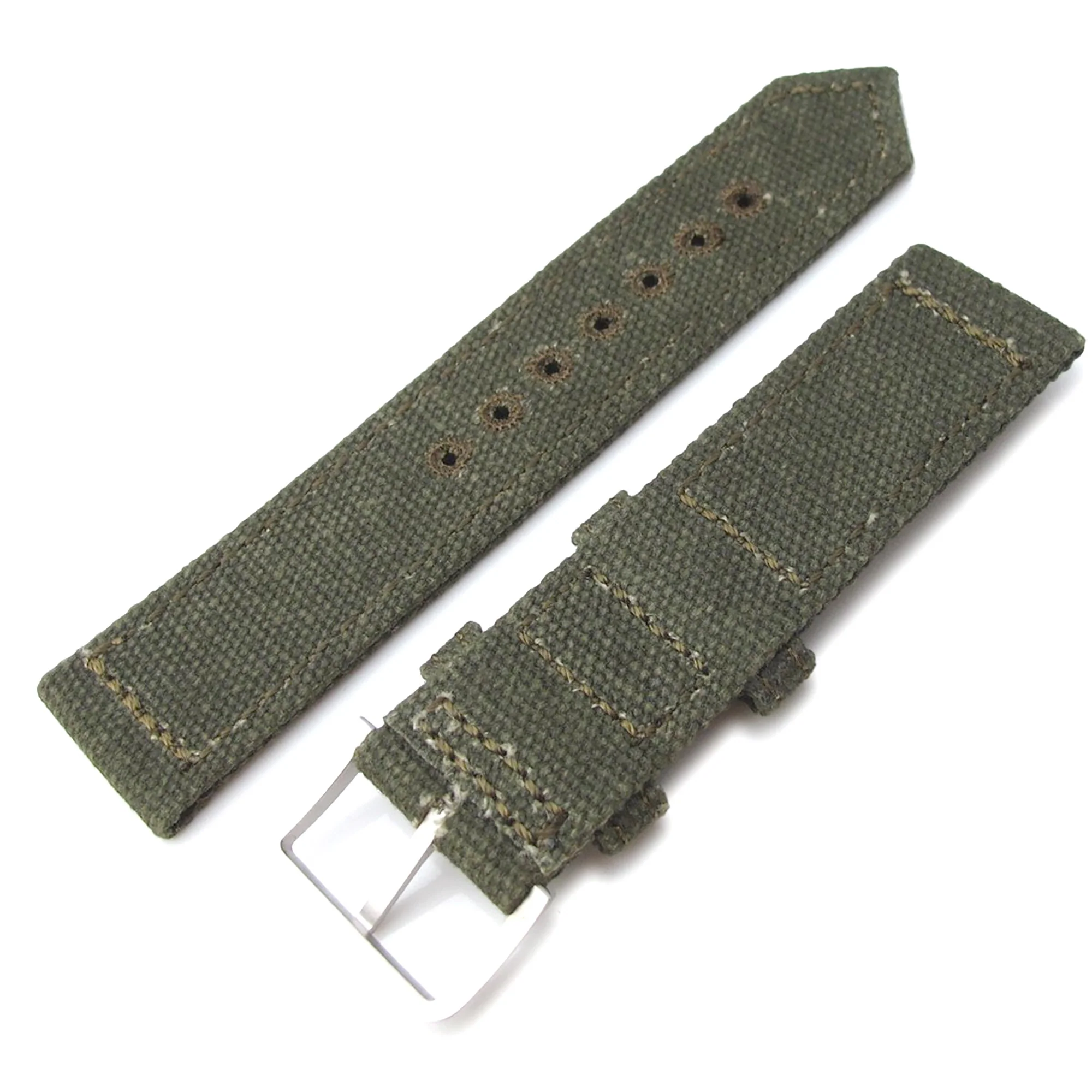 20mm, 21mm or 22mm MiLTAT WW2 2-piece Military Green Washed Canvas Armband with lockstitch round hole, Sandblasted - Image 4
