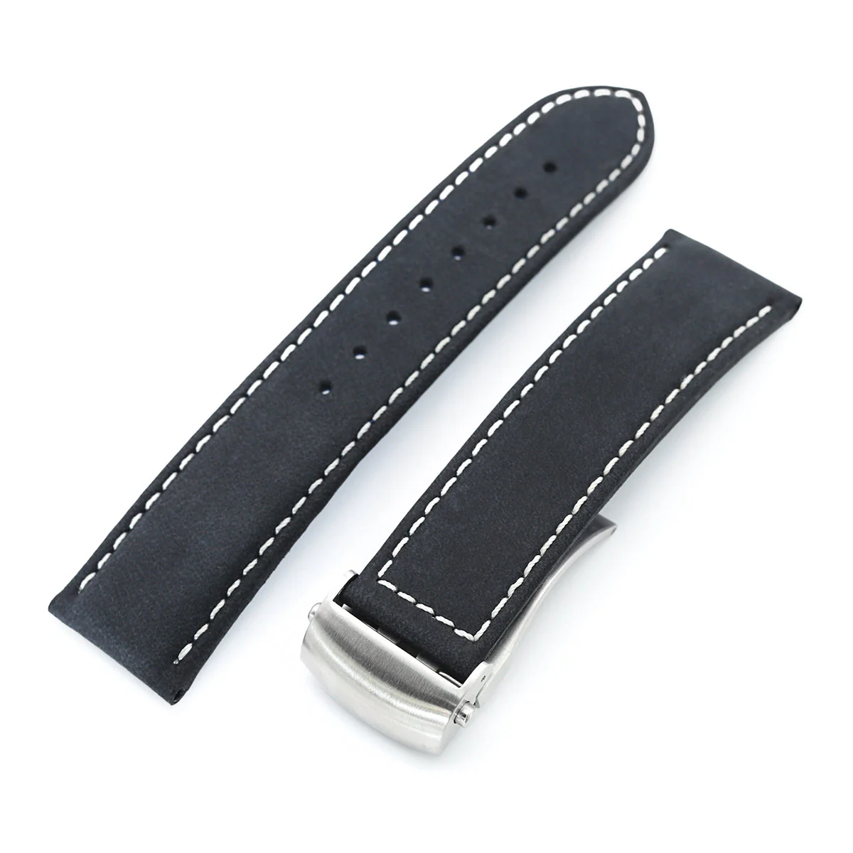 MiLTAT 20mm Matte Black Nubuck Leather Deployment Watch Strap, Beige Stitching - Image 6
