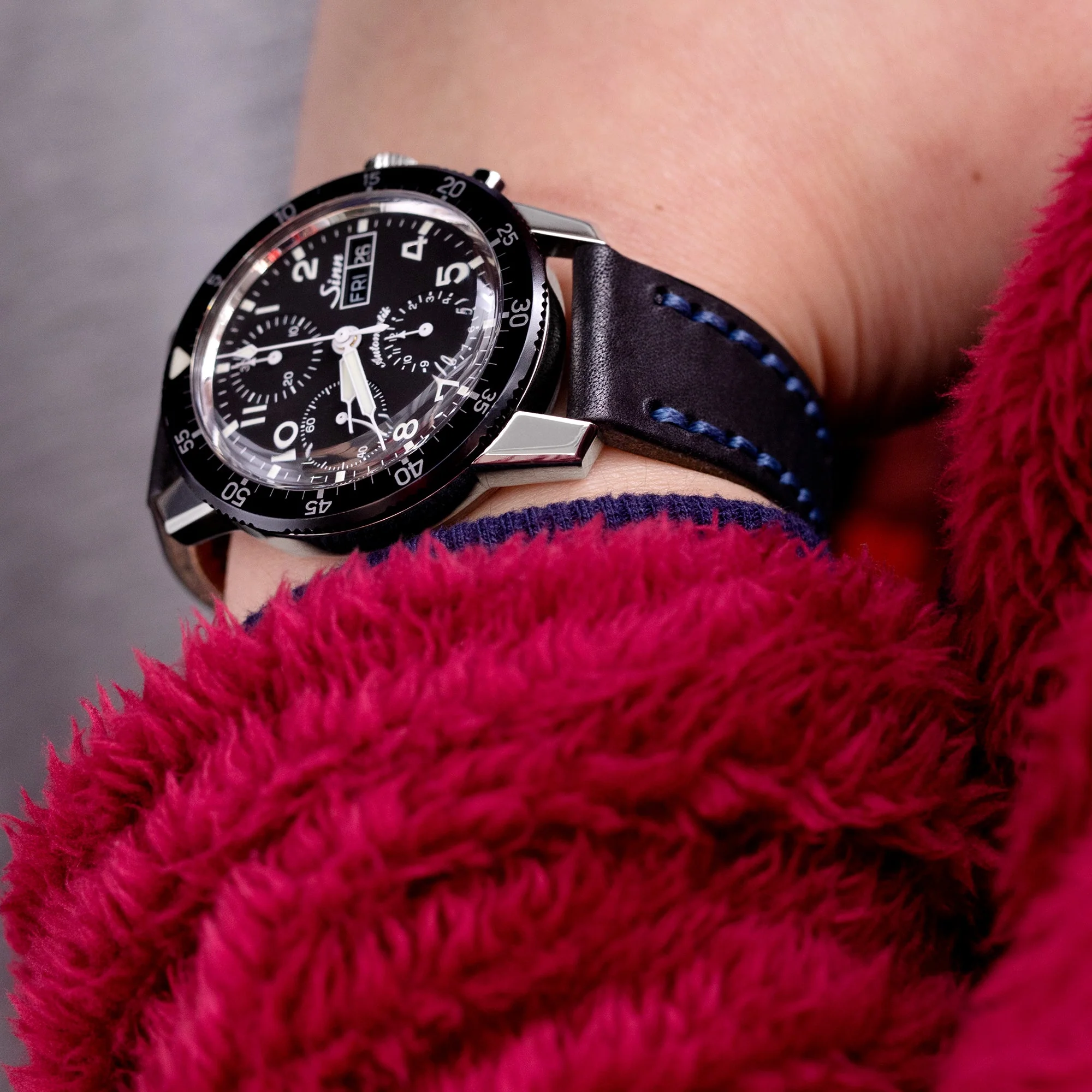 20mm Black Griffon One-Piece Handcrafted Italian Leather Watch Band, Blue Stitch - Image 3