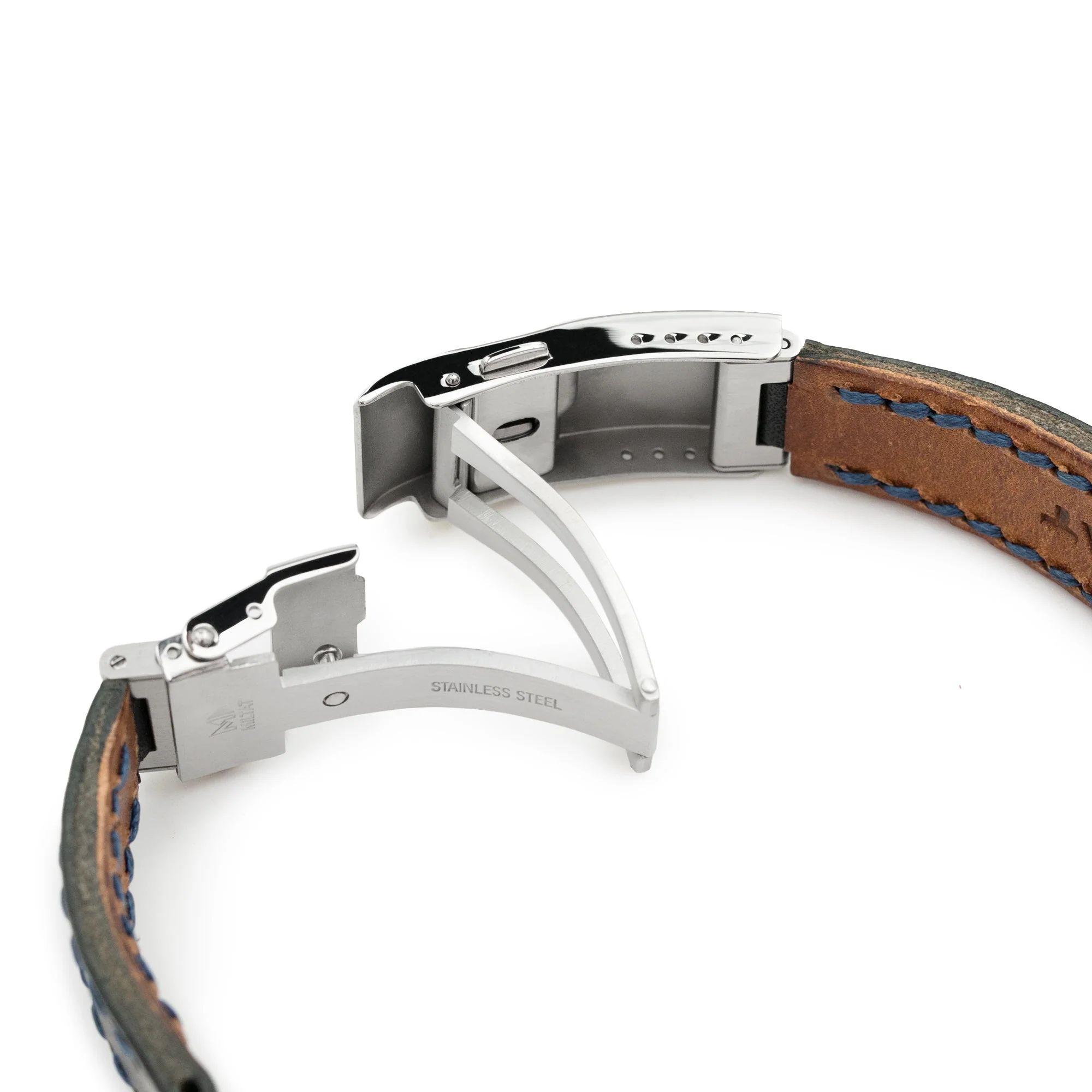 20mm Black Griffon One-Piece Handcrafted Italian Leather Watch Band, Blue Stitch - Image 4