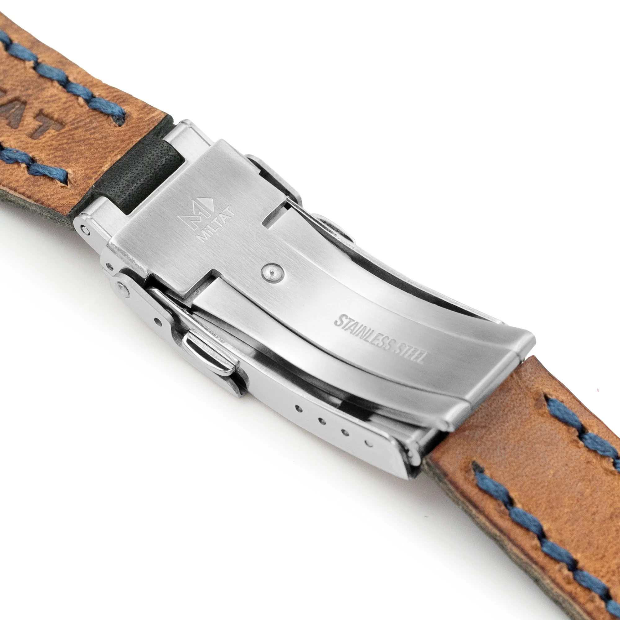 20mm Black Griffon One-Piece Handcrafted Italian Leather Watch Band, Blue Stitch - Image 5
