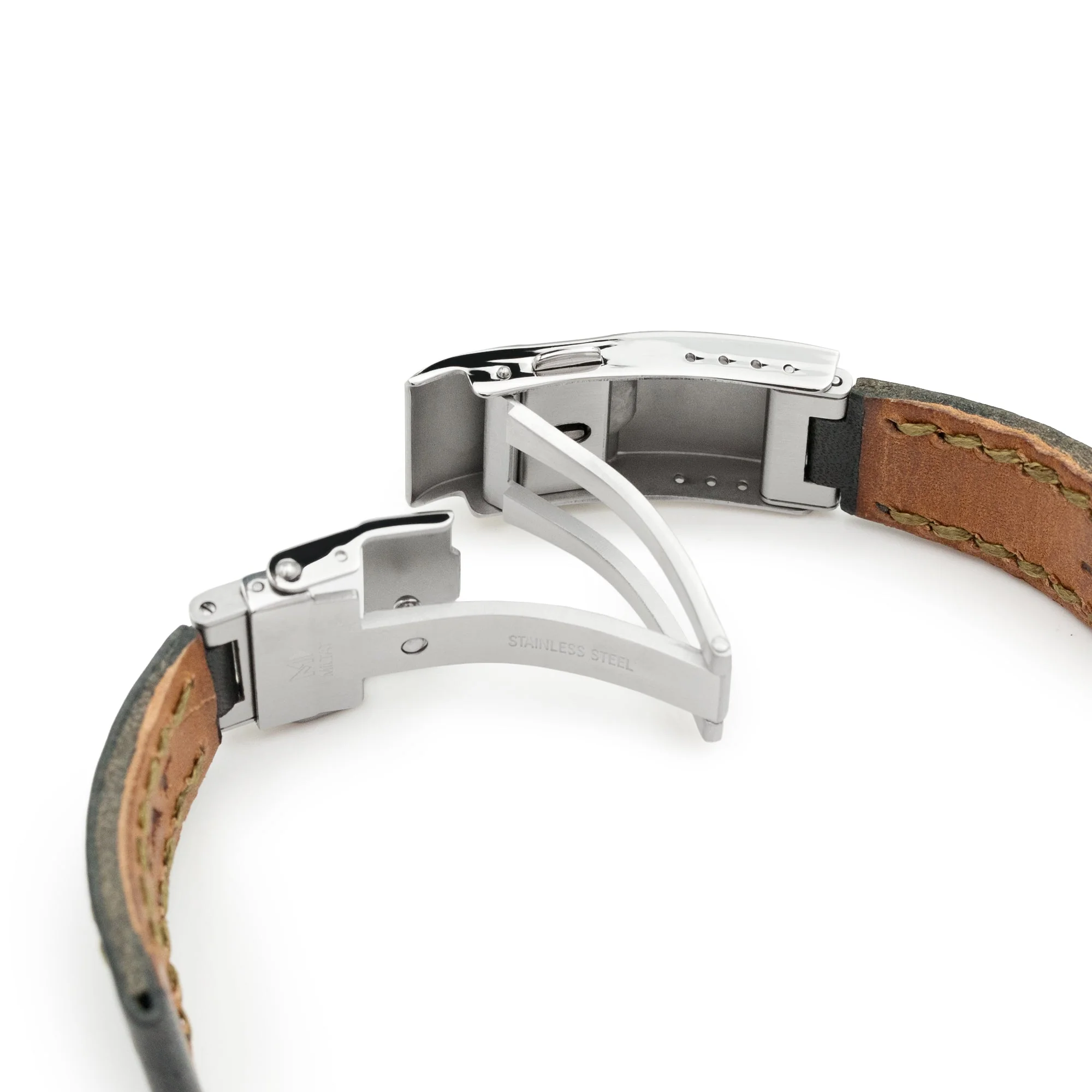 20mm Black Griffon One-Piece Handcrafted Italian Leather Watch Band, Olive Green Stitch - Image 4