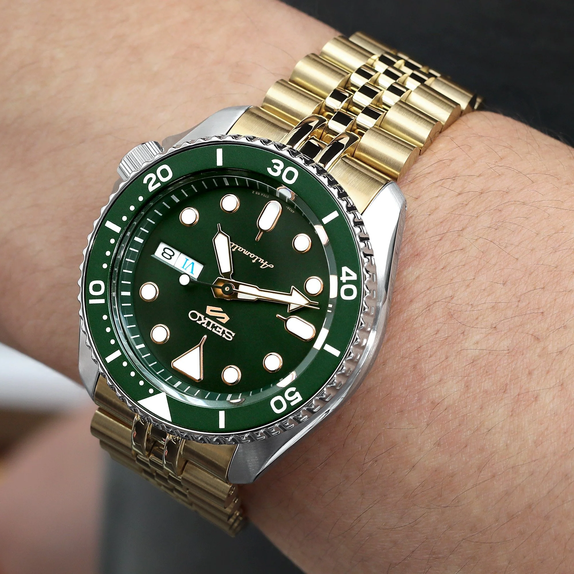 22mm Super-J Louis JUB Watch Band for Seiko 5 Sports 42.5mm SRPE74 SRPE74K SRPE74K1, Stainless Steel - Full IP Gold, SUB Diver Clasp - Image 3