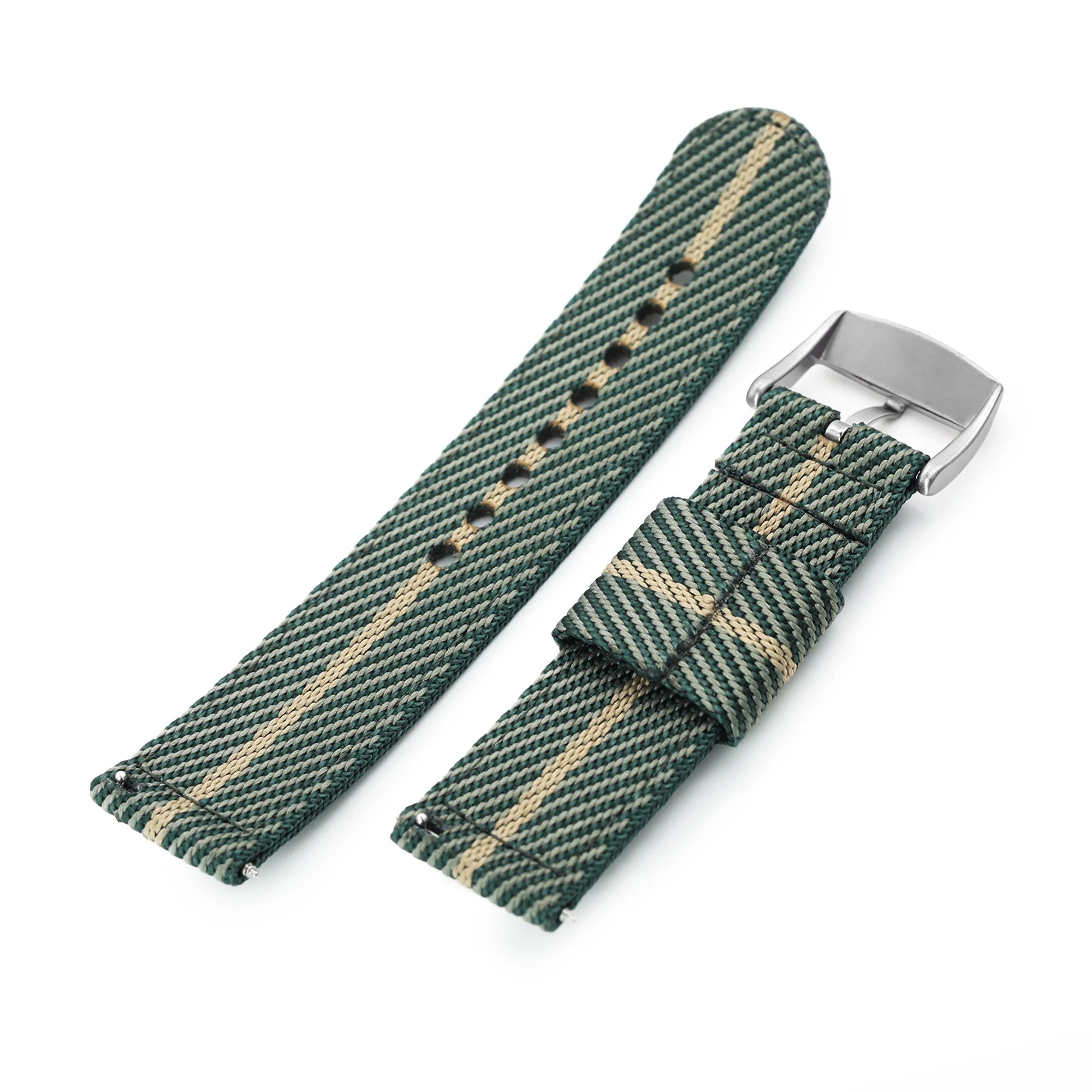 22mm 2-pcs Nylon Watch Band, Quick Release, Green & Khaki, Brushed Buckle - Image 3