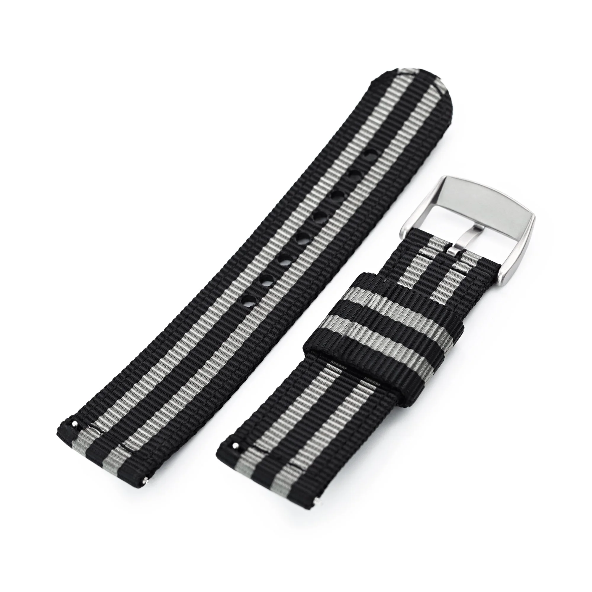 22mm 2-pcs Nylon Watch Band, Quick Release, Black & Grey Stripes, Brushed Buckle - Image 4
