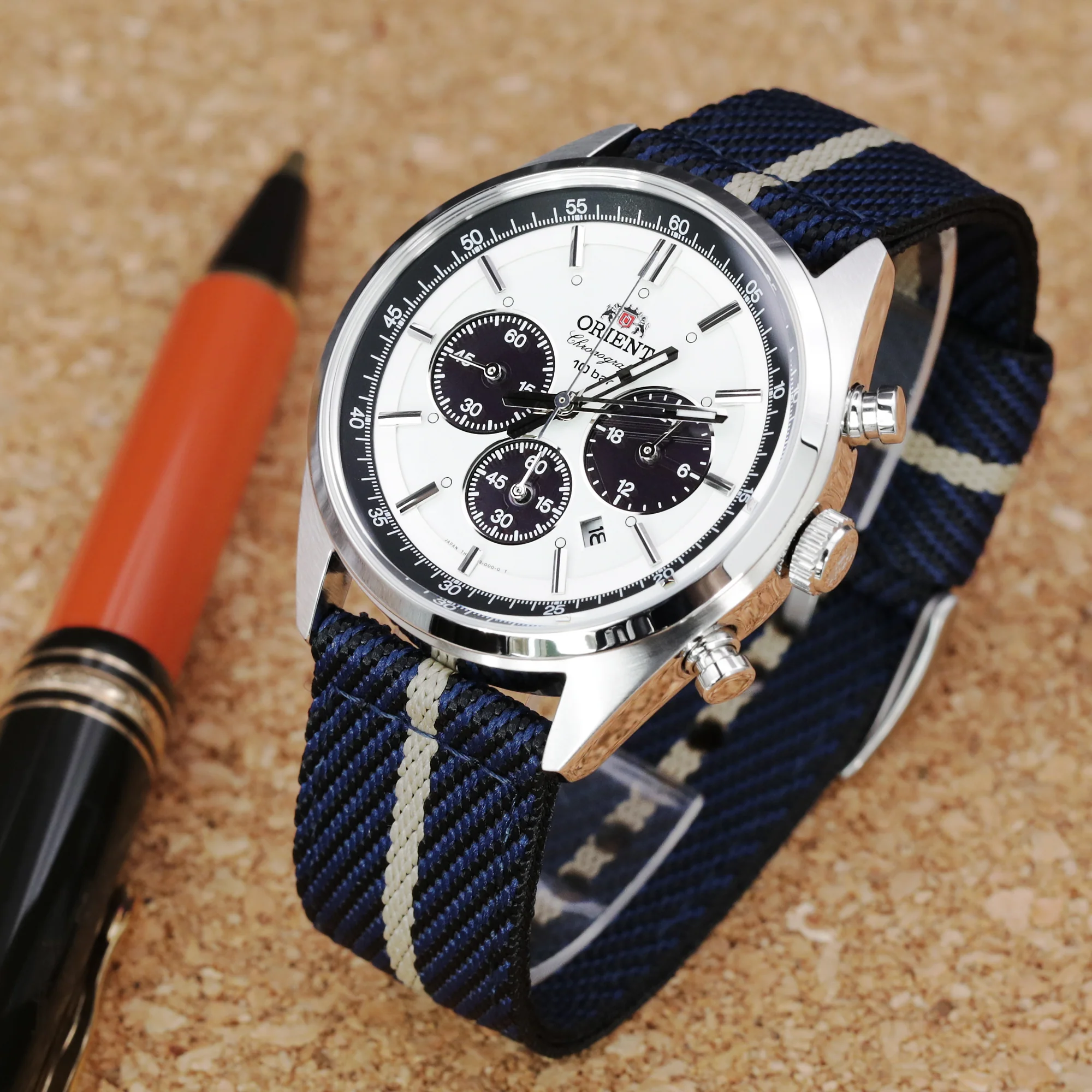 22mm 2-pcs Nylon Watch Band, Quick Release, Blue & Khaki, Brushed Buckle - Image 4